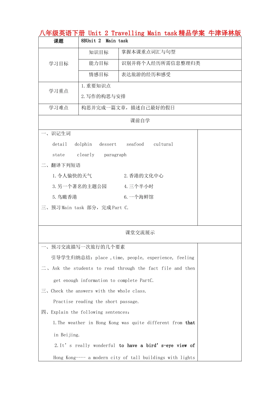 八年级英语下册 Unit 2 Travelling Main task精品学案 牛津译林版_第1页