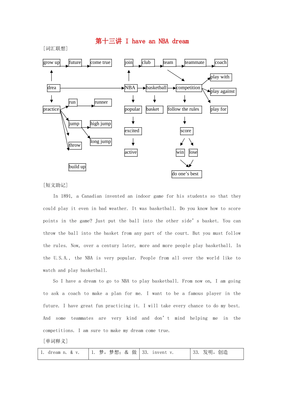 福建省中考英语词汇联想 第十三讲《I have an NBA dream》学案_第1页