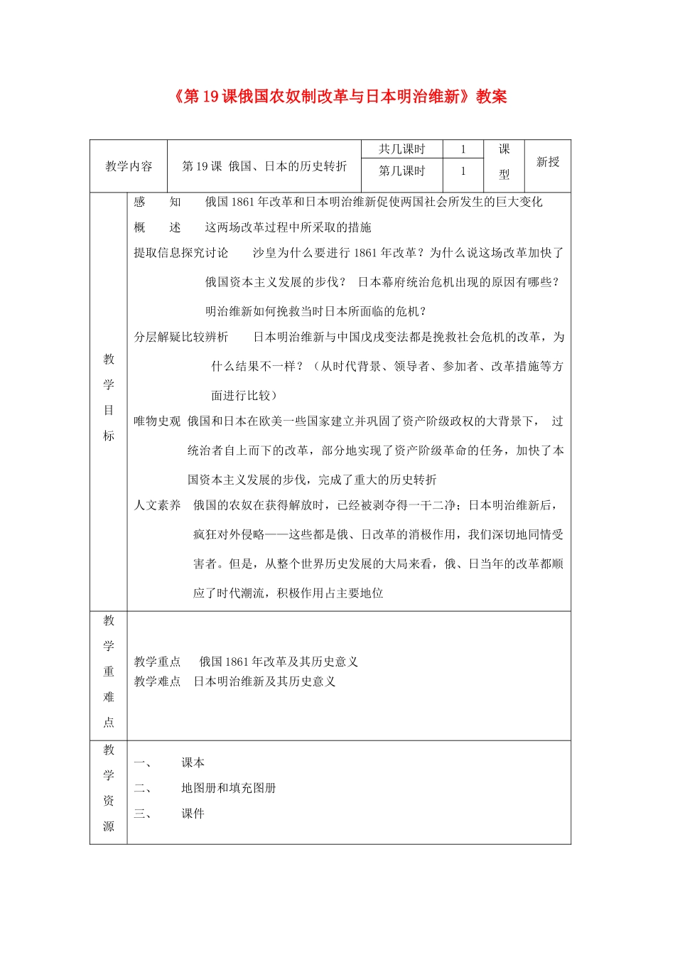 江苏省东台市唐洋镇中学九年级历史上册《第19课俄国农奴制改革与日本明治维新》教案 新人教版_第1页