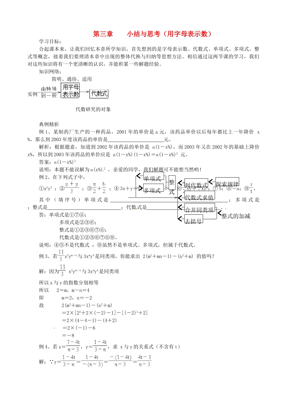 江苏省大丰市万盈二中七年级数学上册 第3章《用字母表示数》小结与思考学案 苏科版_第1页
