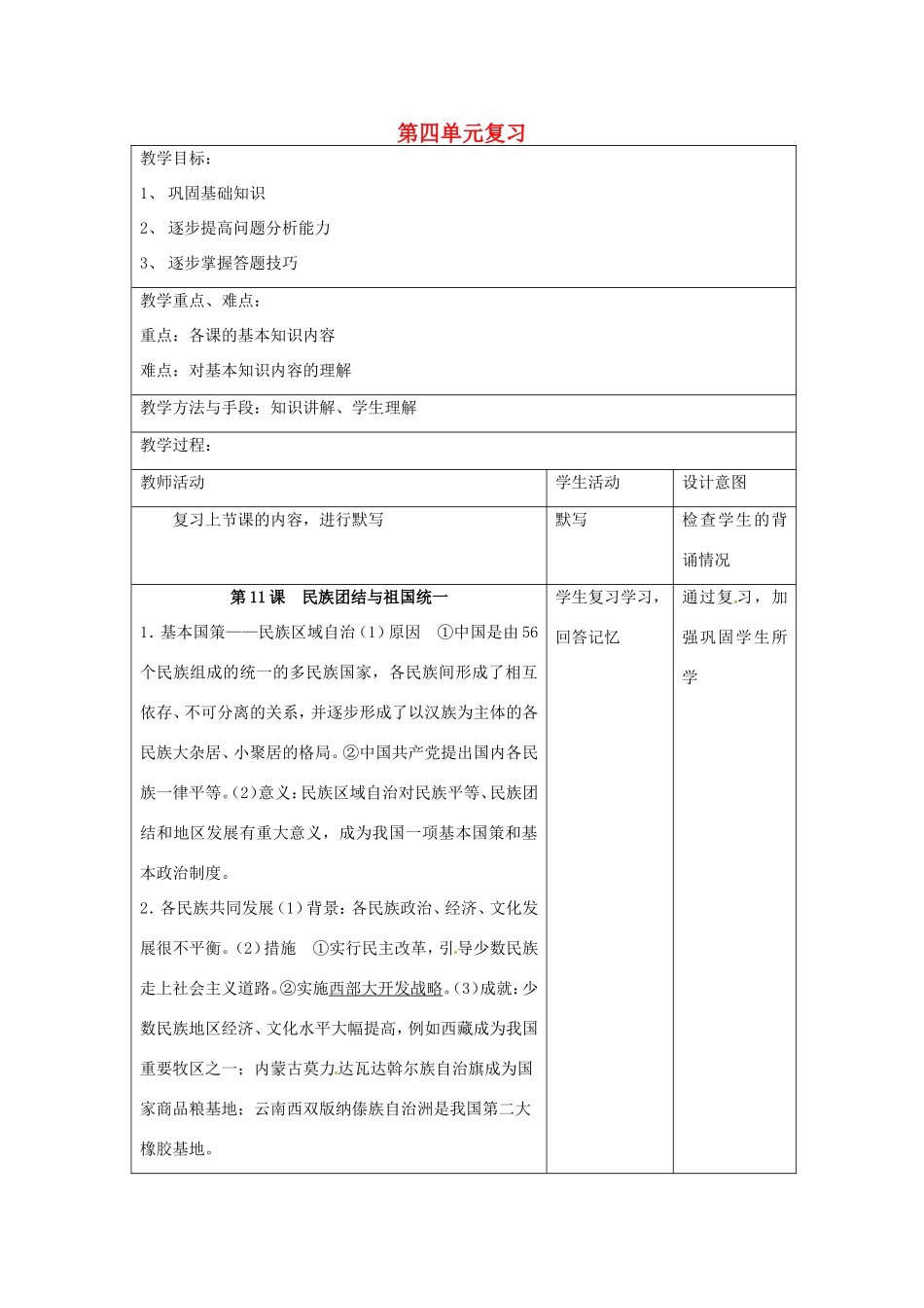 江苏省昆山市锦溪中学八年级历史下册 第四单元 民族团结与祖国统一复习教案 新人教版_第1页