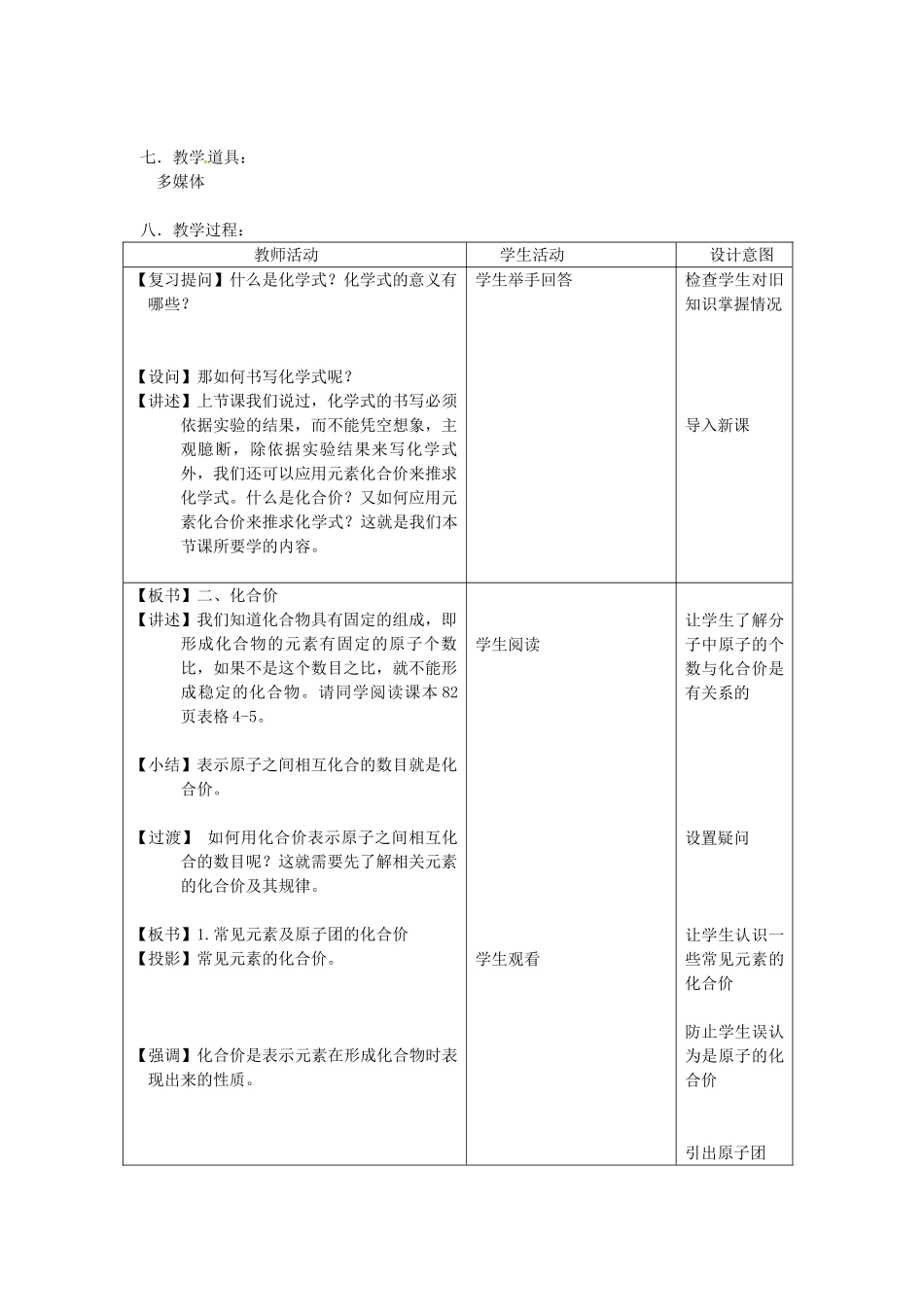 安徽省马鞍山市外国语学校九年级化学 化合价教学设计 人教新课标版_第2页
