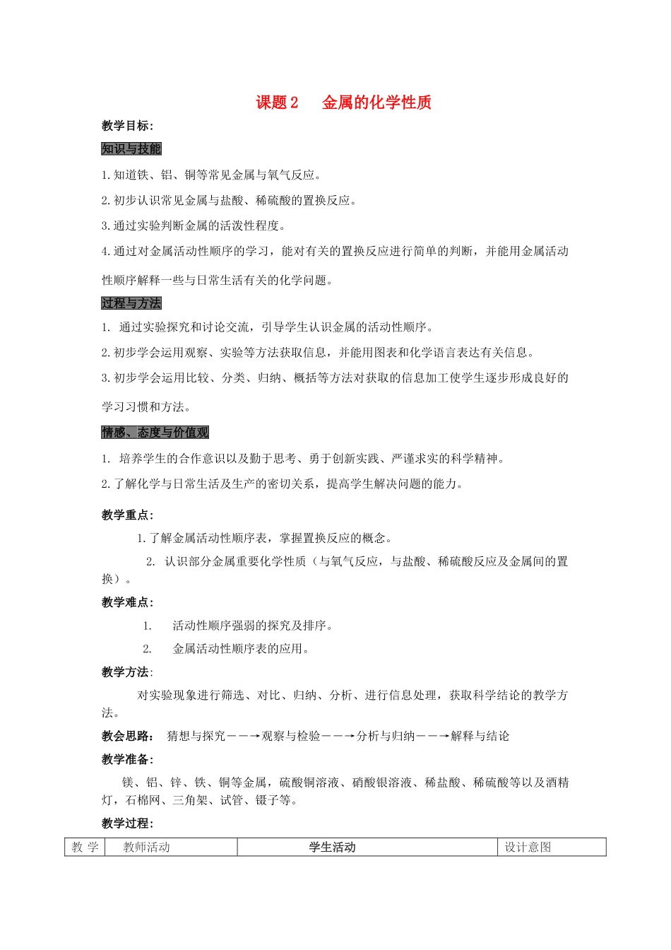 春九年级化学下册 第八单元 金属和金属材料 课题2 金属的化学性质教案 （新版）新人教版-（新版）新人教版初中九年级下册化学教案_第1页