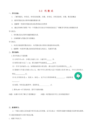 江苏省南京市高淳外国语学校七年级数学32《代数式》教学案