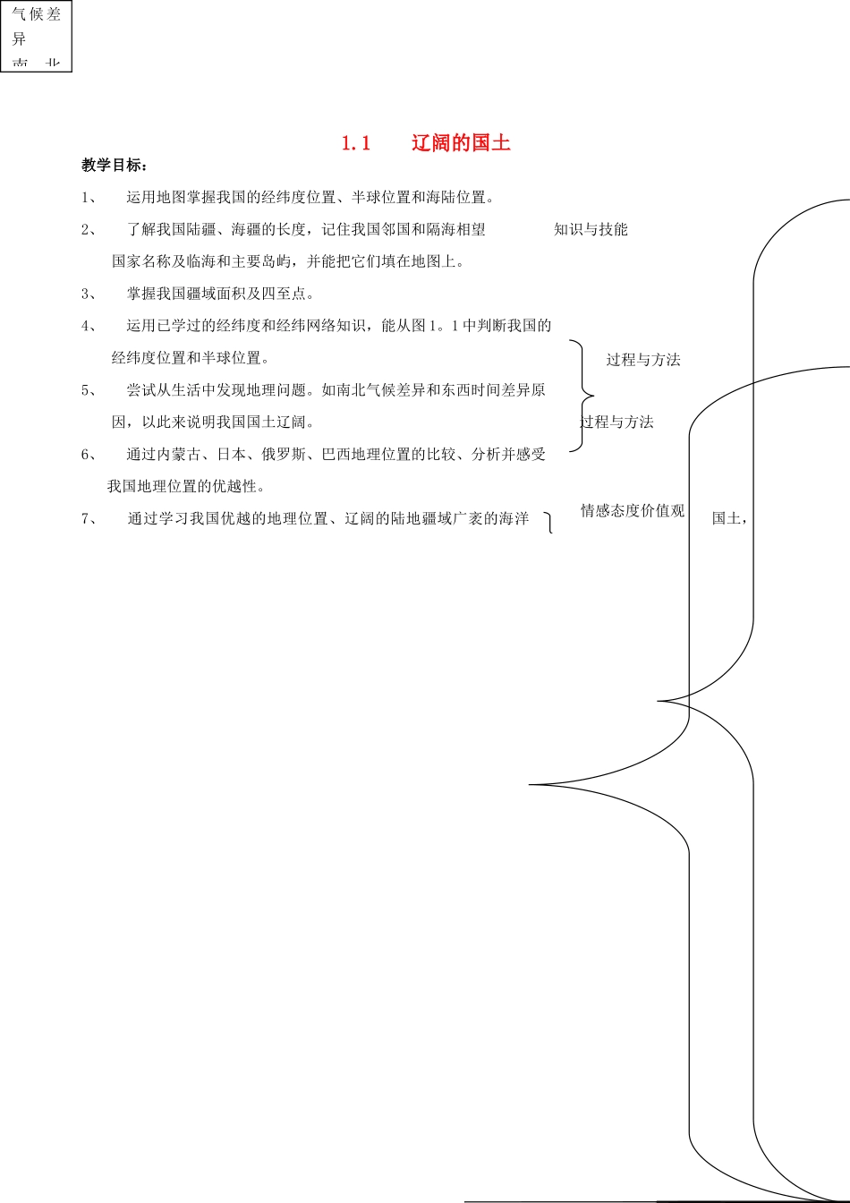 八年级地理上册 1.1  辽阔的国土教案 晋教版_第1页