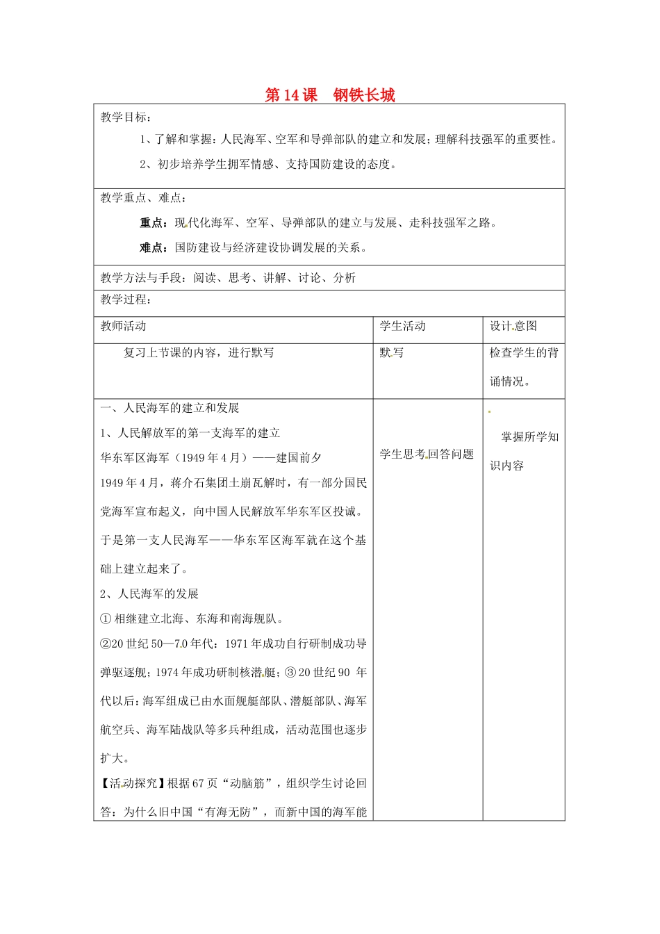 江苏省昆山市锦溪中学八年级历史下册 第14课 钢铁长城教案 新人教版_第1页