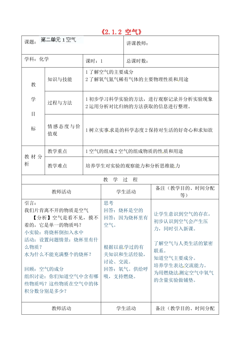 吉林省四平市第十七中学九年级化学上册《2.1.2 空气》教案1 （新版）新人教版_第1页