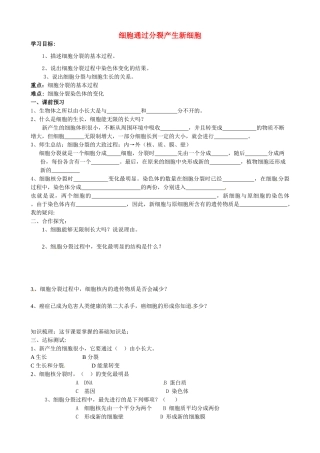 广西省桂林市灌阳县灌阳镇红旗初级中学七年级生物上册 第二单元 第二章 第一节 细胞通过分裂产生新细胞导学案（无答案）（新版）新人教版