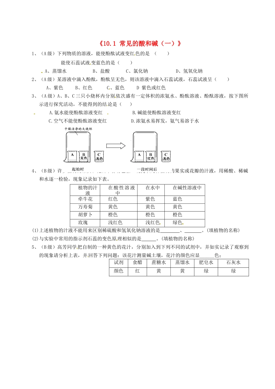 江苏省东台市唐洋镇中学九年级化学下册《10.1 常见的酸和碱（一）》练习（无答案） 新人教版_第1页