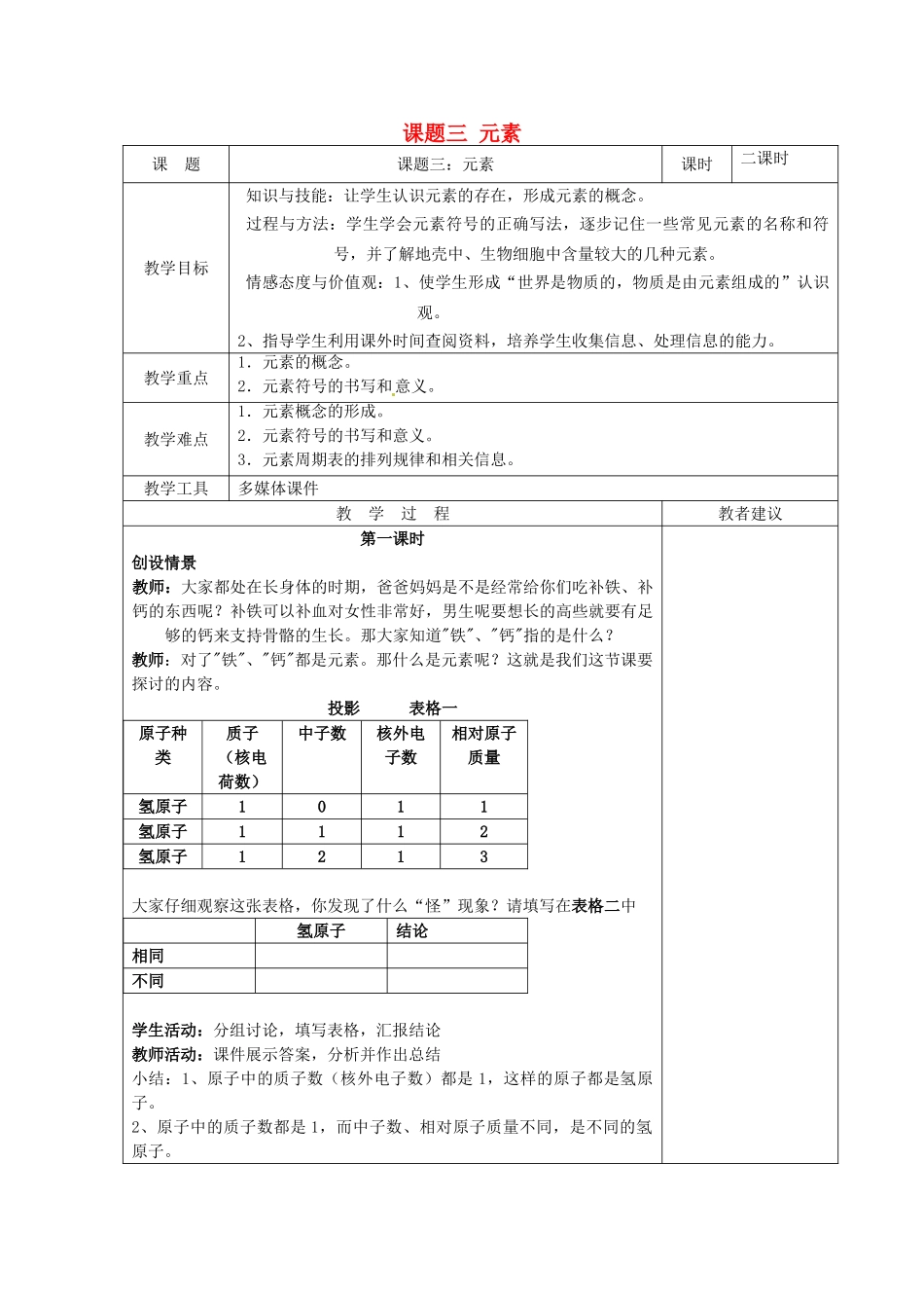 湖南省湘潭县南谷中学九年级化学上册 第三单元 课题三 元素教案 （新版）新人教版_第1页