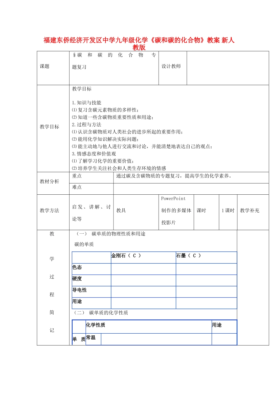 福建东侨经济开发区中学九年级化学《碳和碳的化合物》教案 新人教版_第1页