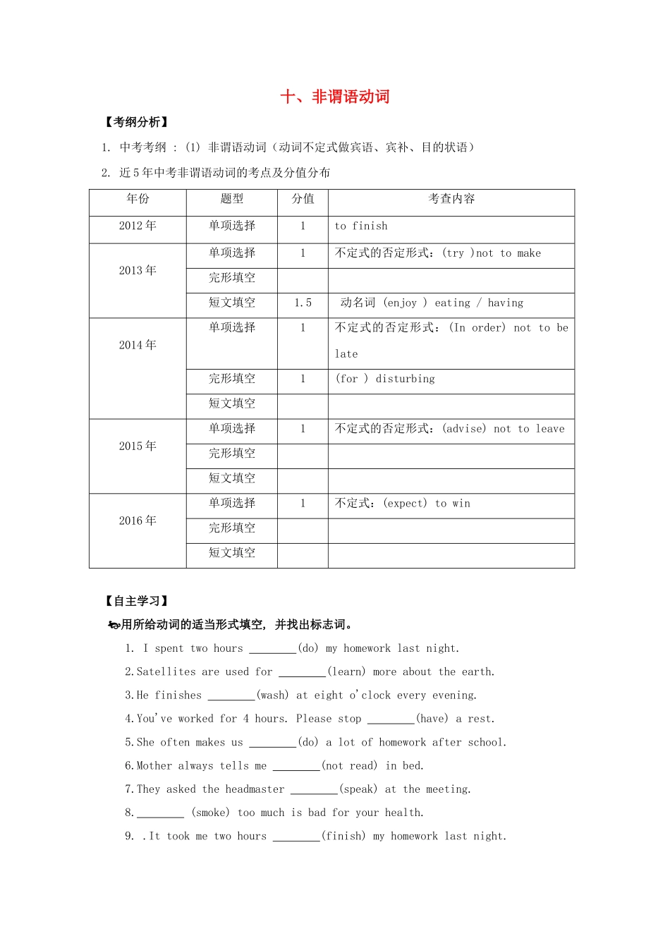 广东省中考英语突破复习（第一部分 语法专项）十 非谓语动词导学案-人教版初中九年级全册英语学案_第1页