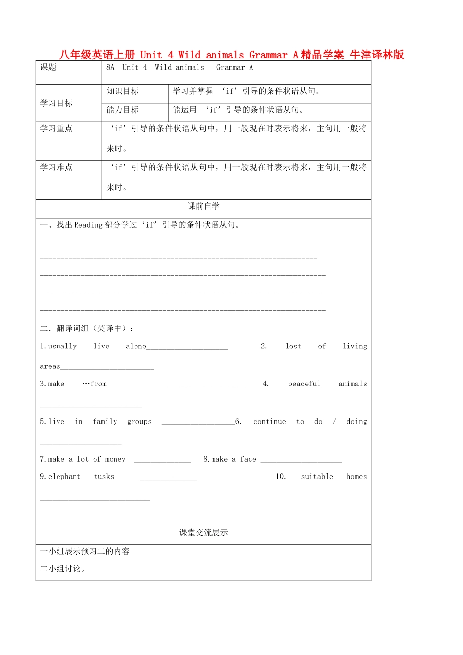 八年级英语上册 Unit 4 Wild animals Grammar A精品学案 牛津译林版_第1页