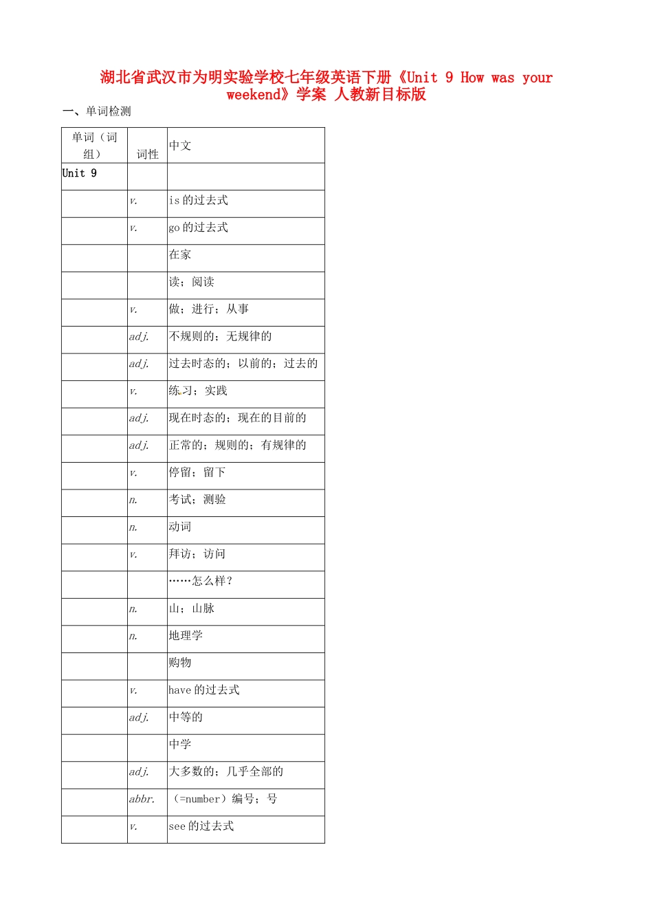 湖北省武汉市为明实验学校七年级英语下册《Unit 9 How was your weekend》学案 人教新目标版_第1页