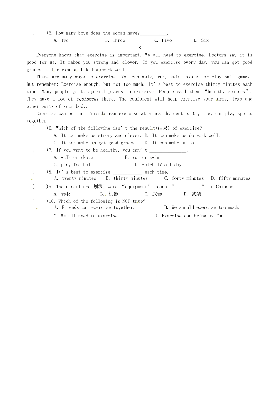 江苏省淮安市棉花中学七年级英语上册《Unit2 My day：完型与阅读1》学案 牛津版_第2页