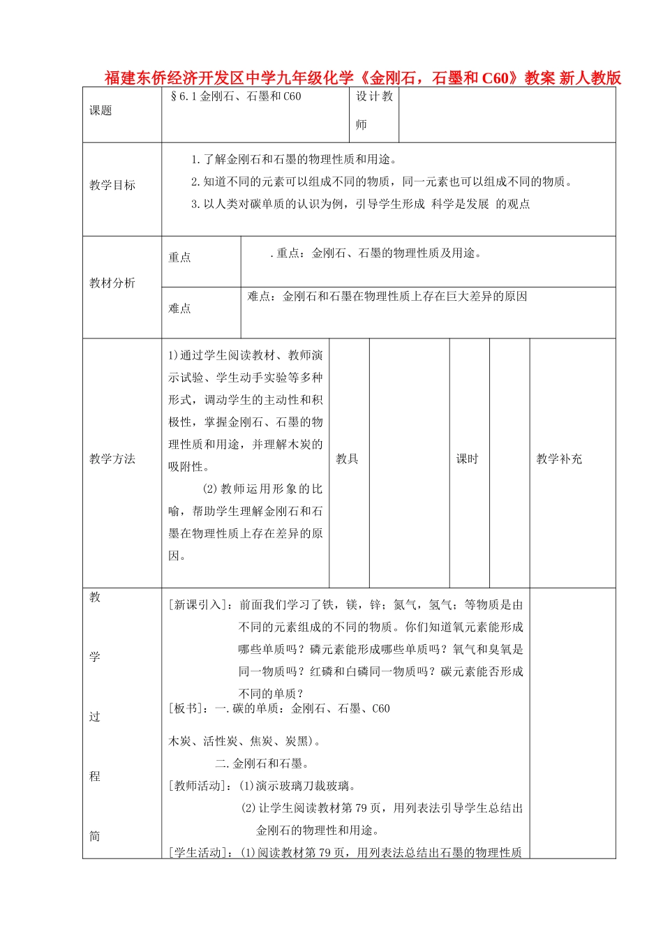 福建东侨经济开发区中学九年级化学《金刚石，石墨和C60》教案 新人教版_第1页