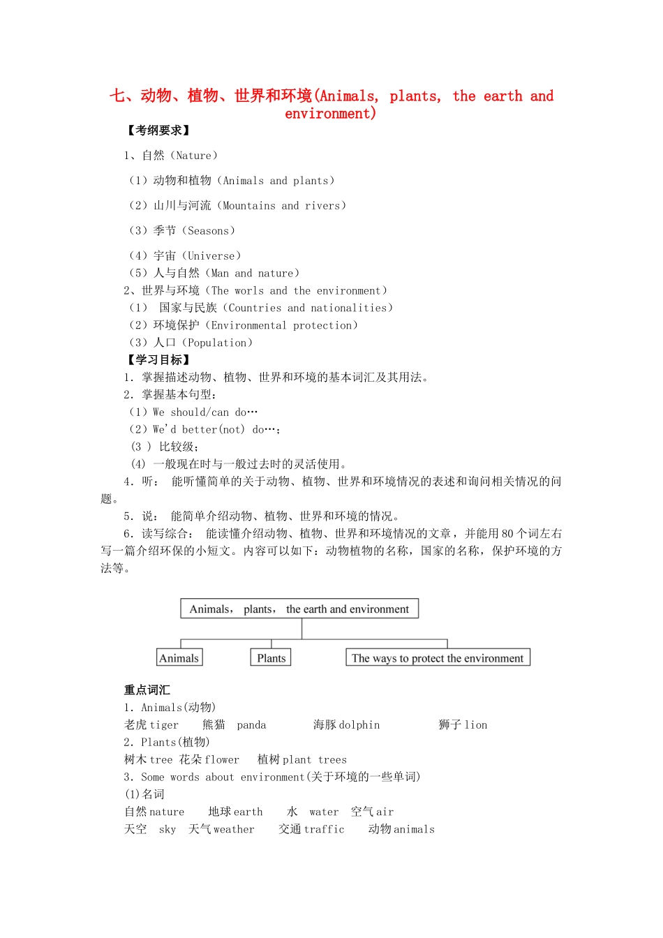 广东省中考英语突破复习（第二部分 话题部分）七 动物、植物、世界和环境（Animals, plants, the earth and environment）导学案-人教版初中九年级全册英语学案_第1页