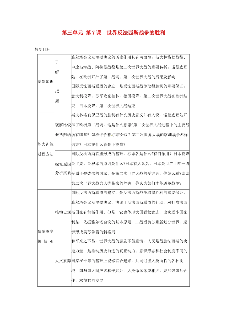 安徽省枞阳县钱桥初级中学九年级历史下册 第三单元 第7课  世界反法西斯战争的胜利 新人教版_第1页