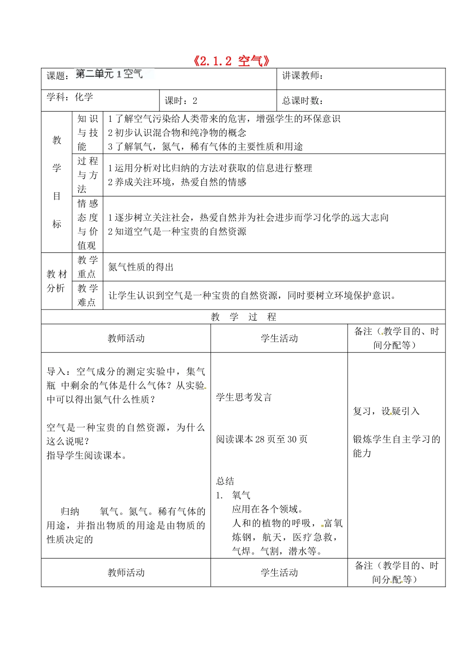 吉林省四平市第十七中学九年级化学上册《2.1.2 空气》教案2 （新版）新人教版_第1页