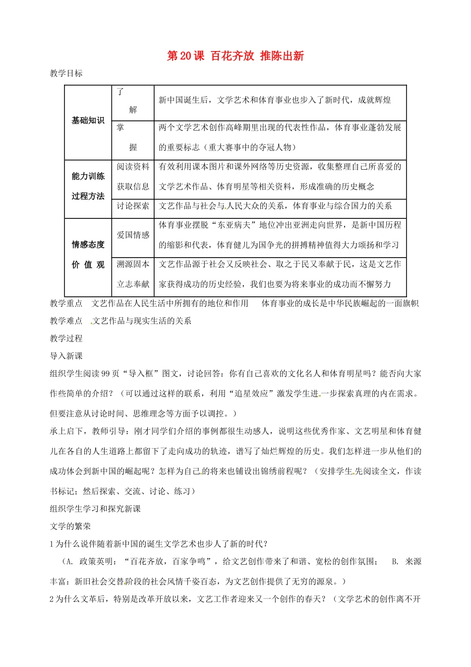 湖南省长沙县路口镇麻林中学八年级历史下册《第20课 百花齐放 推陈出新》教案 新人教版_第1页