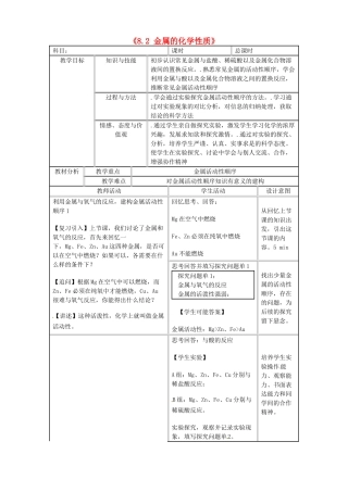 吉林省四平市第十七中学九年级化学下册《8.2 金属的化学性质》教案1 新人教版