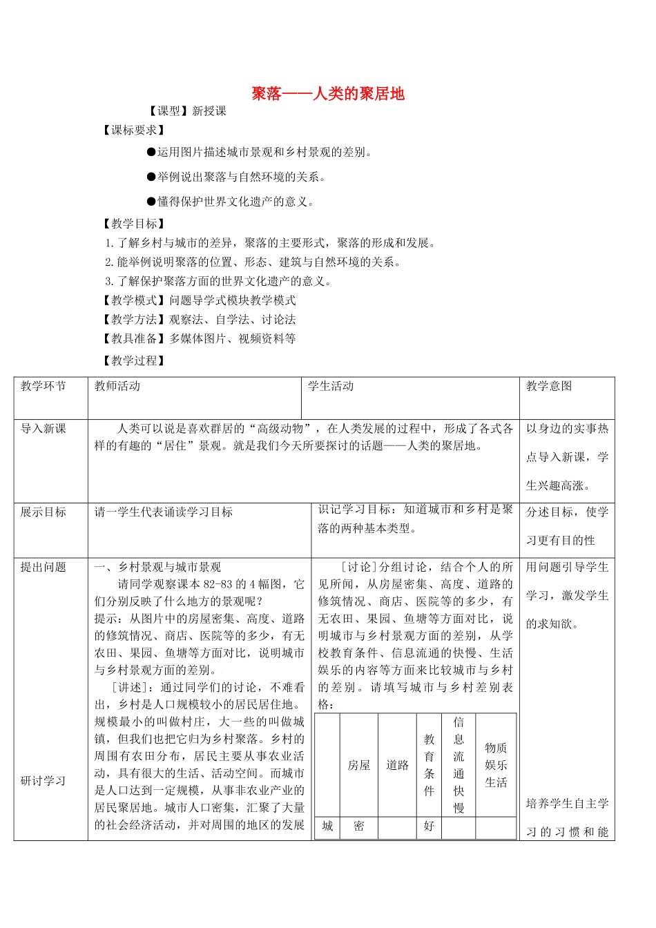 （水滴系列）七年级地理上册 第五章 第三节 聚落 人类的聚居地教案 （新版）商务星球版-（新版）商务星球版初中七年级上册地理教案_第1页