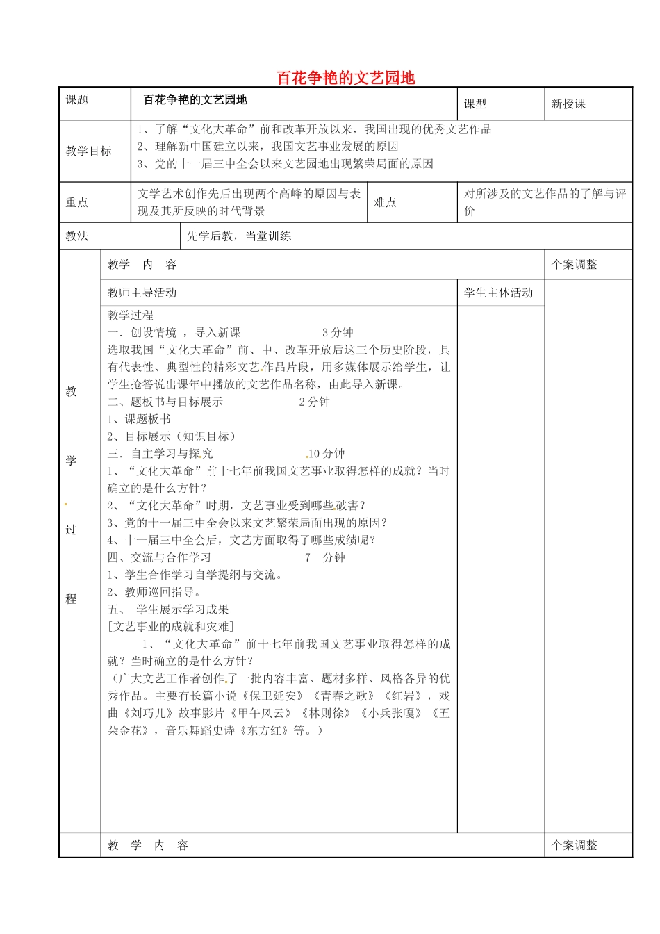 八年级历史下册 6.3 百花争艳的文艺园地教案 川教版-川教版初中八年级下册历史教案_第1页
