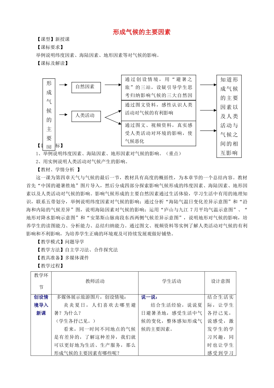 （水滴系列）七年级地理上册 第四章 第5节 形成气侯的主要因素教案 （新版）商务星球版-（新版）商务星球版初中七年级上册地理教案_第1页