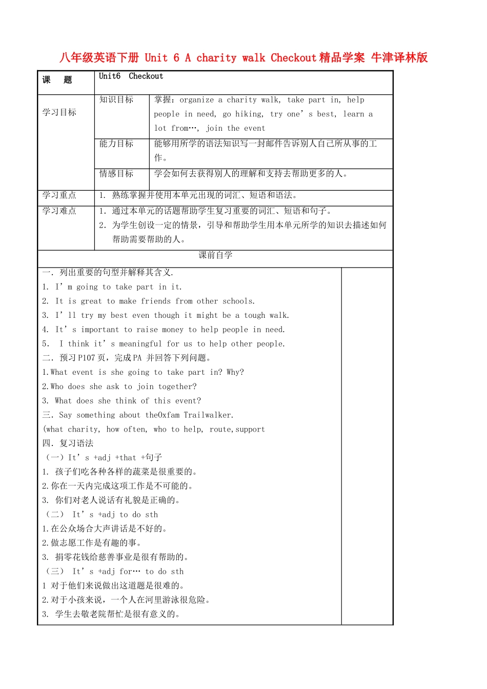 八年级英语下册 Unit 6 A charity walk Checkout精品学案 牛津译林版_第1页