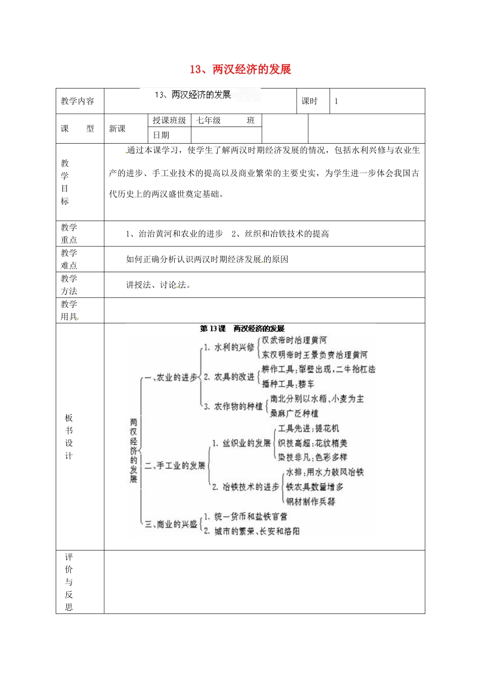 黑龙江省虎林市八五零农场学校七年级历史上册 13.两汉经济的发展教案 新人教版_第1页