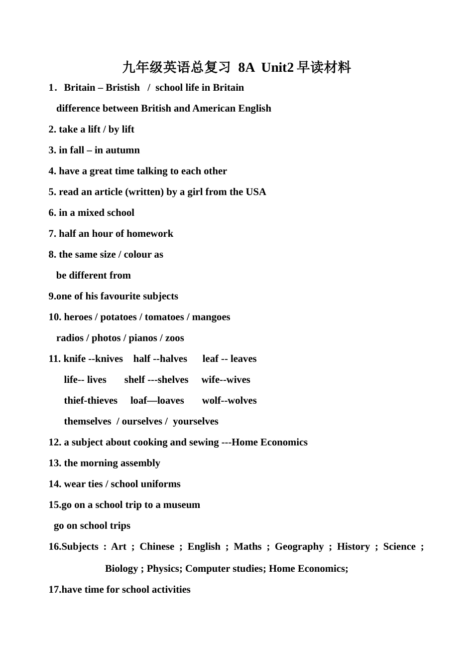 八年级英语 8A Uint2 学案复习提纲 牛津版上册_第1页