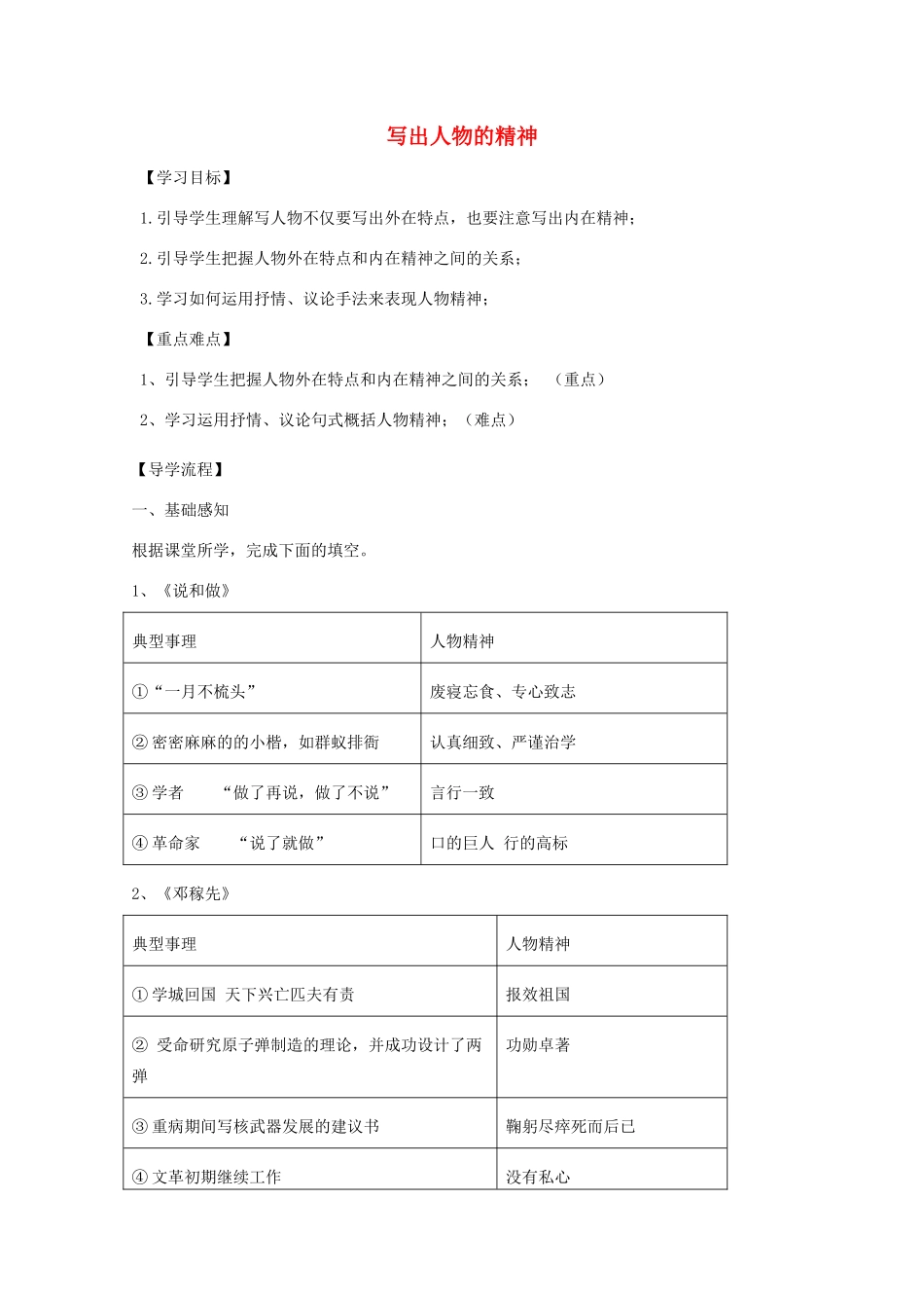 湖北省武汉市七年级语文下册 第一单元 写作 写出人物的精神导学提纲 新人教版-新人教版初中七年级下册语文学案_第1页
