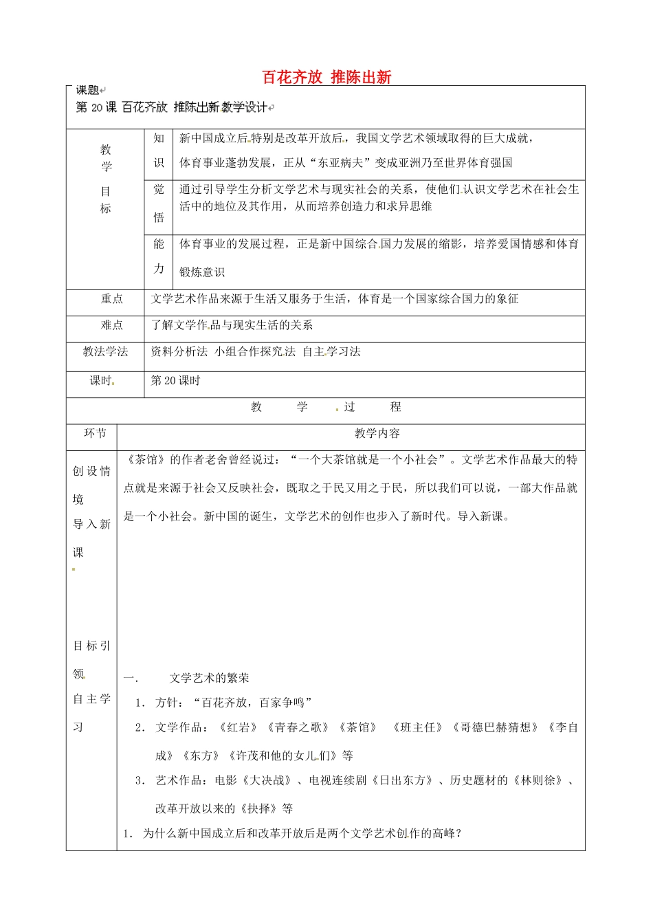 河北省围场满族蒙古族自治县半截塔镇中学八年级历史下册 第20课 百花齐放 推陈出新教学设计 新人教版_第1页