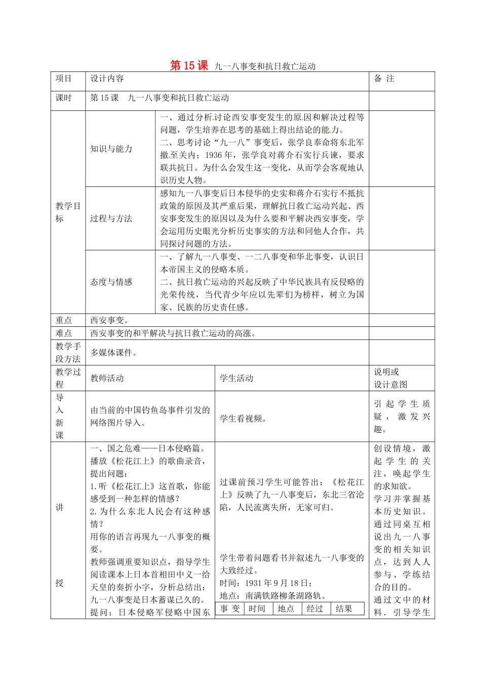 八年级历史上册 第15课 九一八事变和抗日救亡运动教案 岳麓版-岳麓版初中八年级上册历史教案_第1页