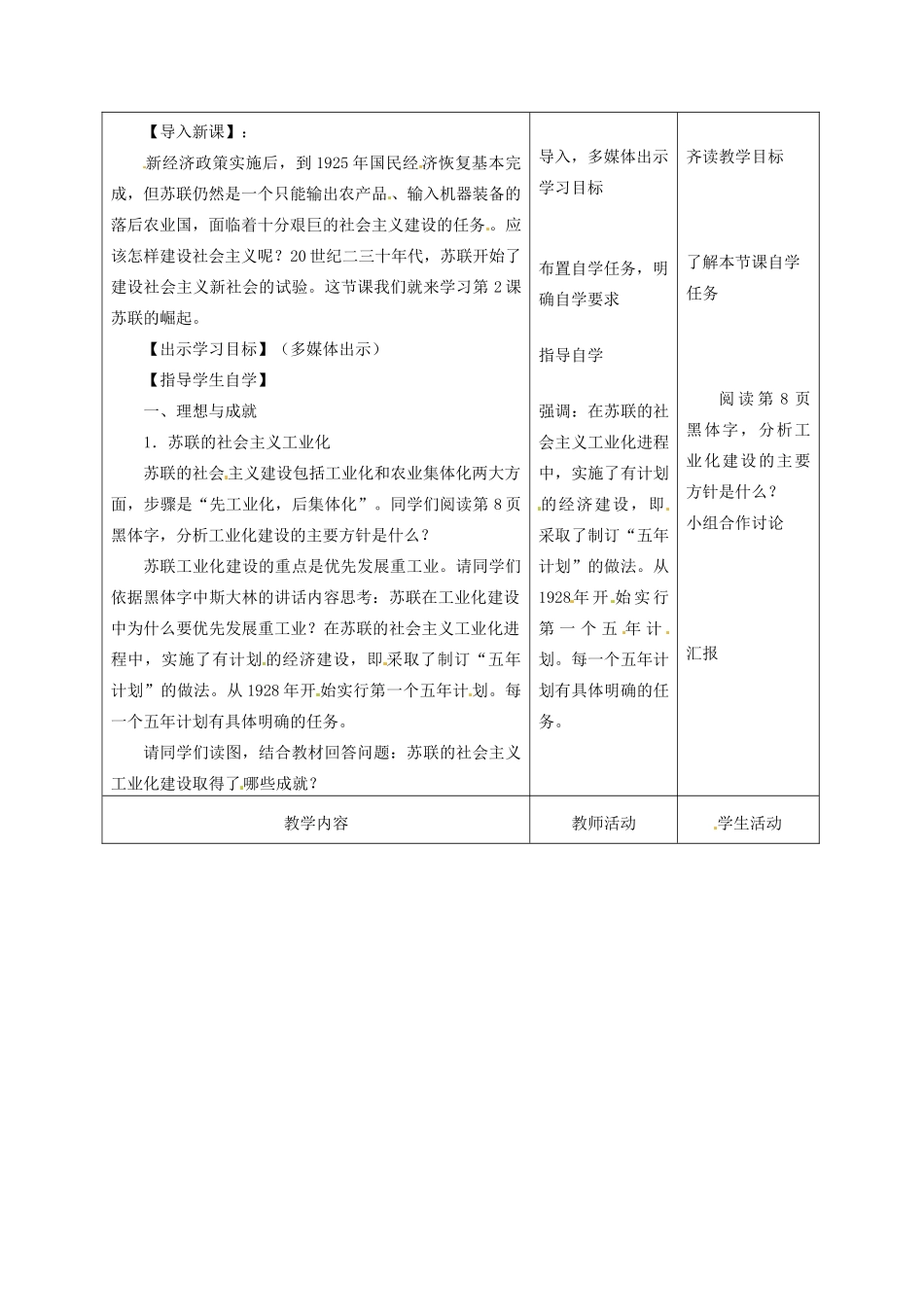 甘肃省酒泉市瓜州二中九年级历史下册《第2课  苏联的崛起》教学案 北师大版_第2页
