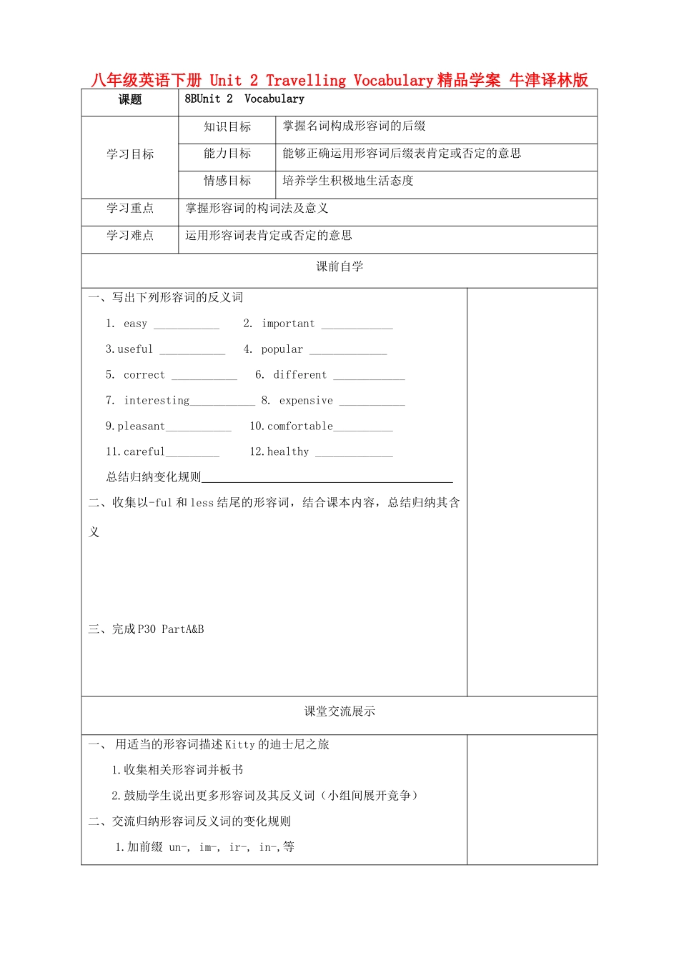 八年级英语下册 Unit 2 Travelling Vocabulary精品学案 牛津译林版_第1页