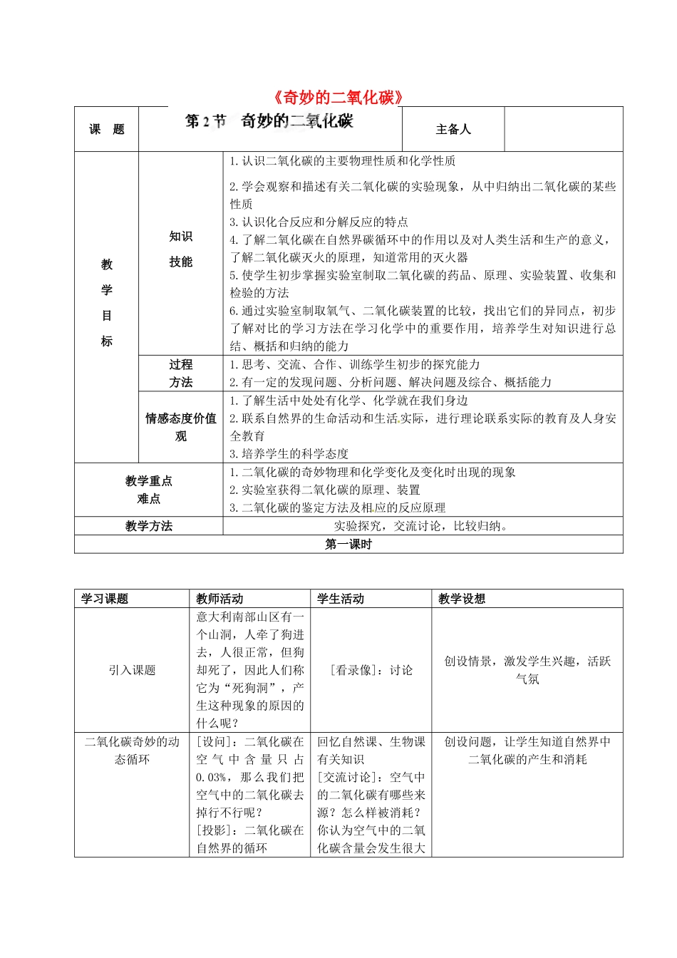 江苏省丹阳市前艾中学九年级化学全册《奇妙的二氧化碳》教案 沪教版_第1页