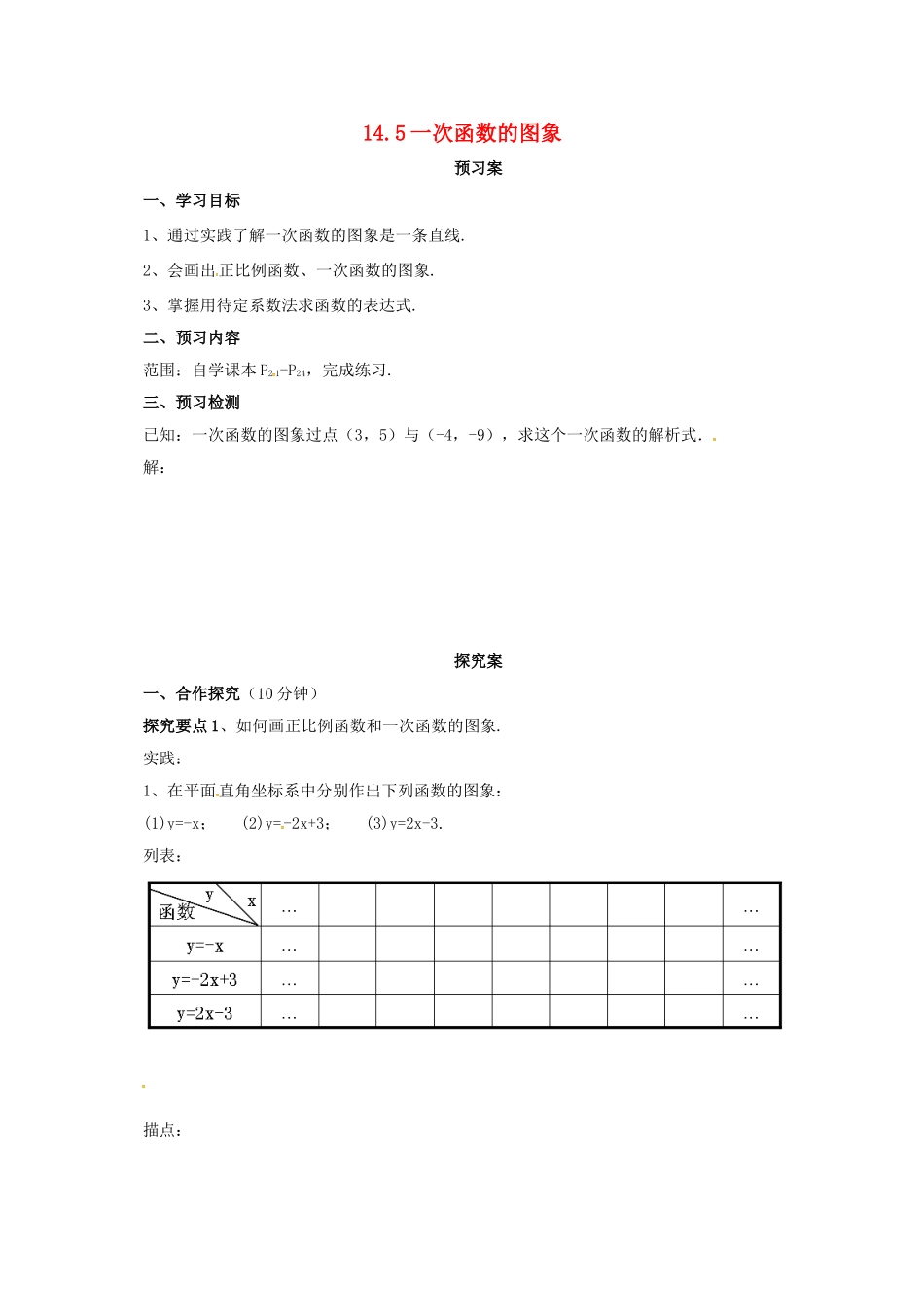 八年级数学下册 14.5 一次函数的图象导学案 （新版）北京课改版-北京课改版初中八年级下册数学学案_第1页