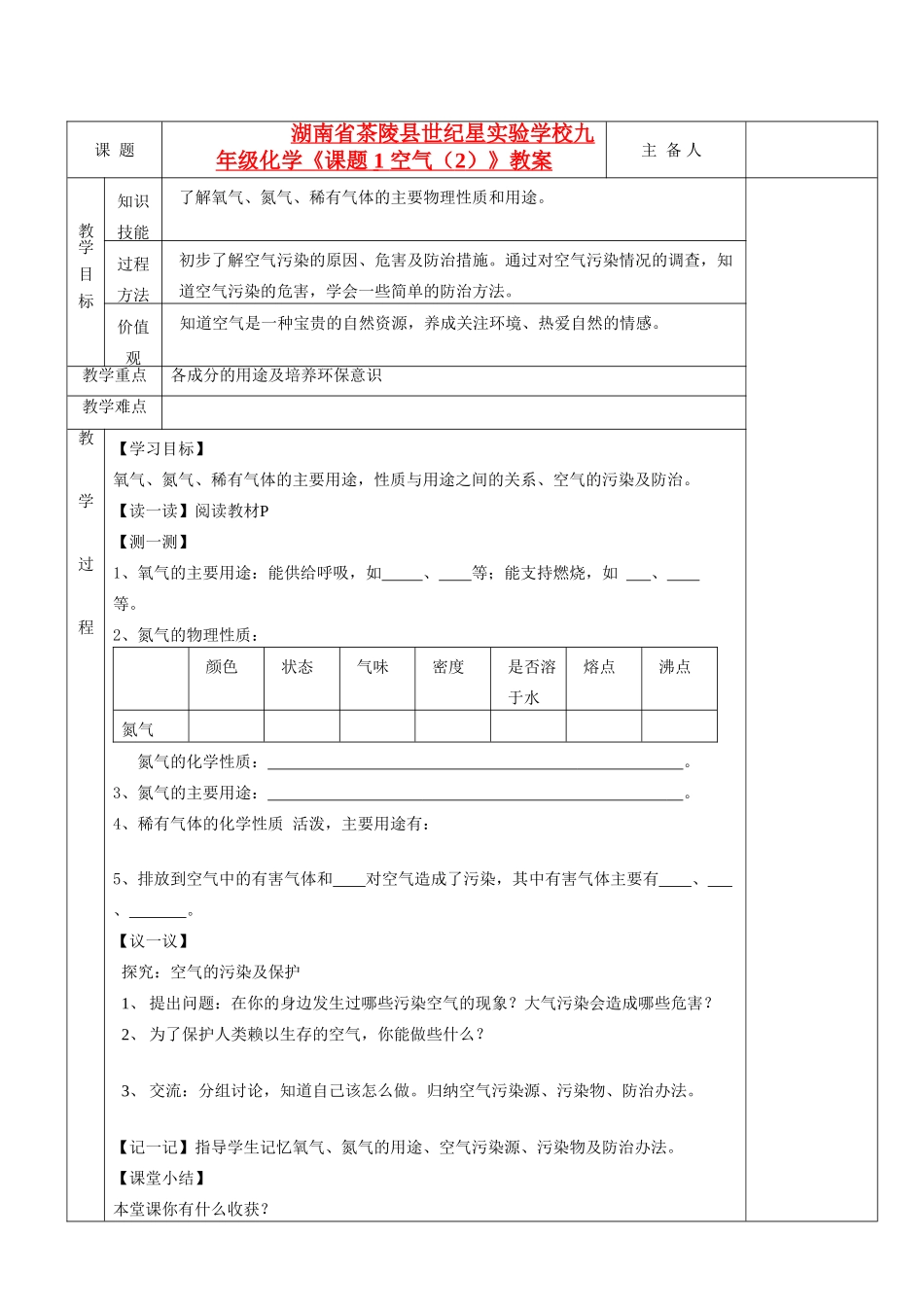 湖南省茶陵县世纪星实验学校九年级化学《课题 1 空气（2）》教案_第1页