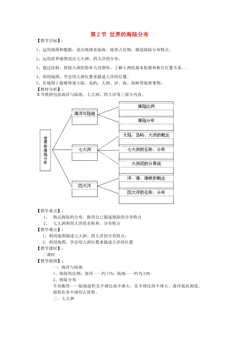 湖南省株洲市天元区马家河中学七年级地理上册 第2章 第2节 世界的海陆分布教案 （新版）湘教版_第1页