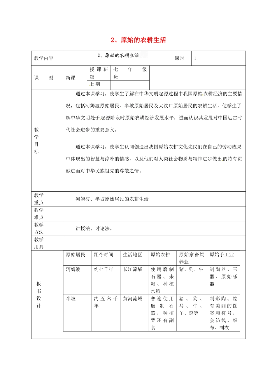 黑龙江省虎林市八五零农场学校七年级历史上册 2.原始的农耕生活教案 新人教版_第1页