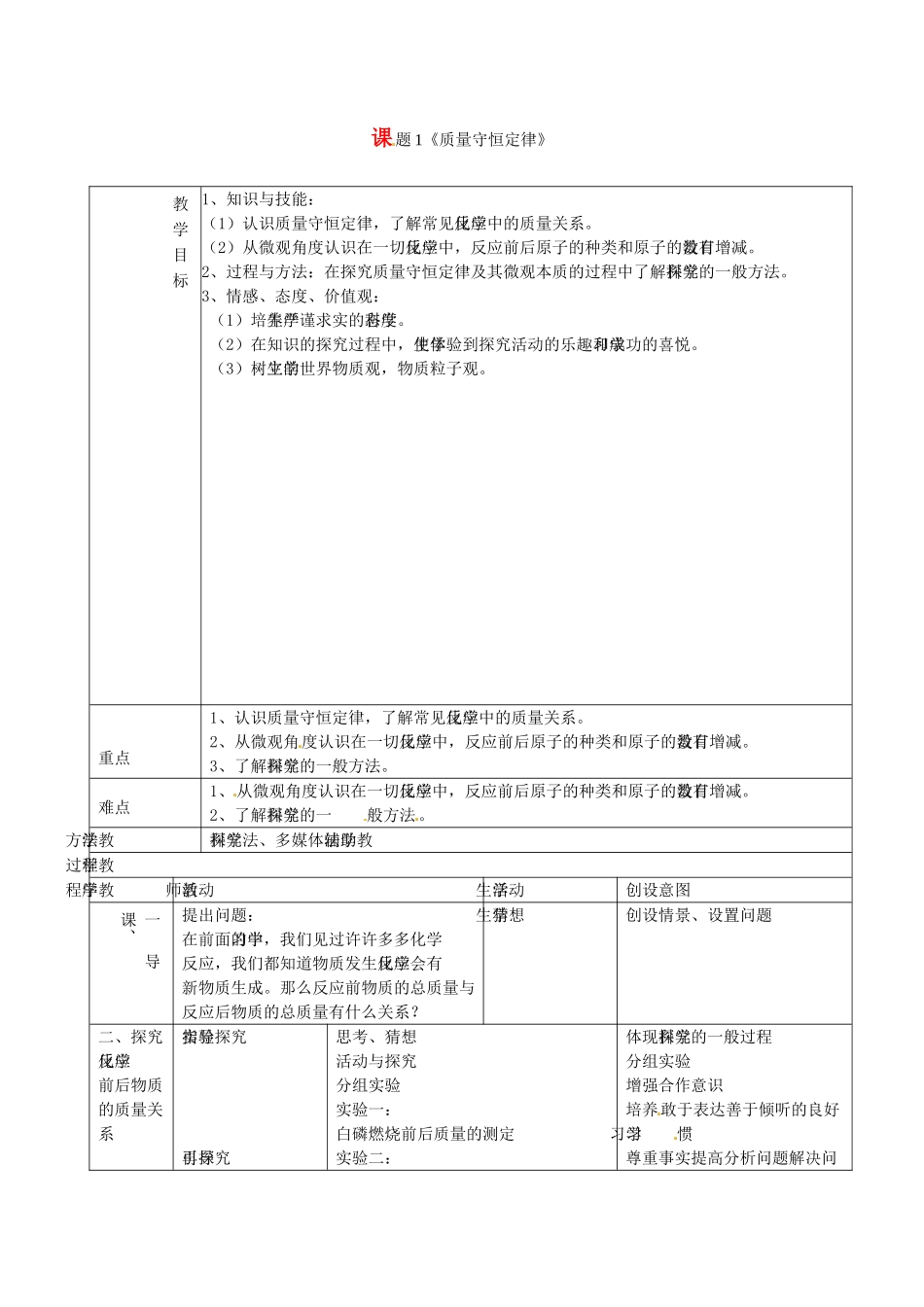 河南省安阳市第六十三中学九年级化学上册 第五单元《化学方程式》课题1《质量守恒定律》教案 新人教版_第1页