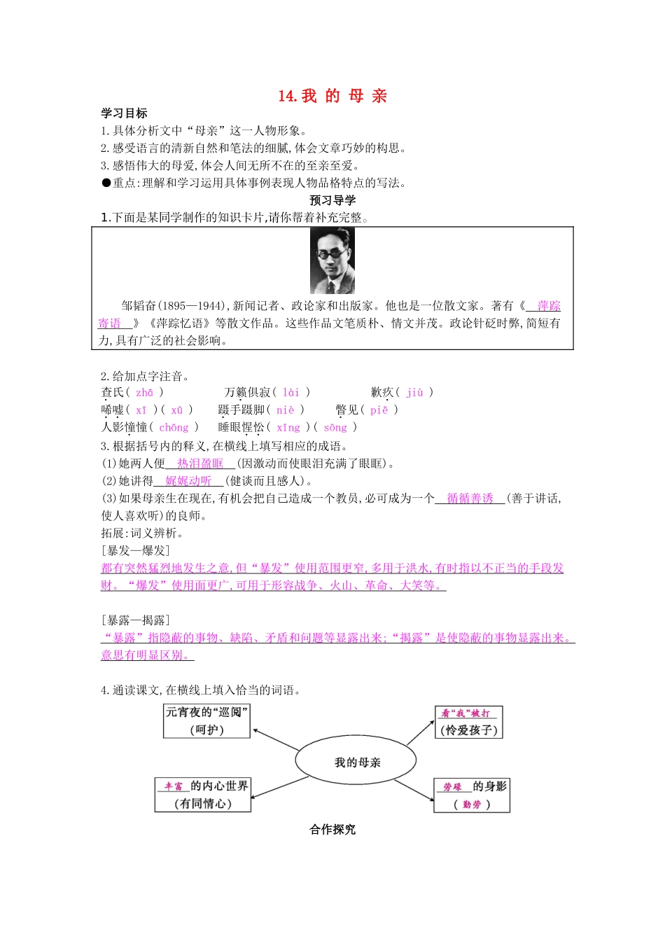 八年级语文上册 第14课 我的母亲导学案 苏教版-苏教版初中八年级上册语文学案_第1页