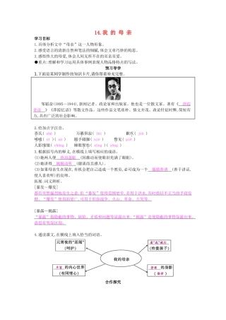 八年级语文上册 第14课 我的母亲导学案 苏教版-苏教版初中八年级上册语文学案
