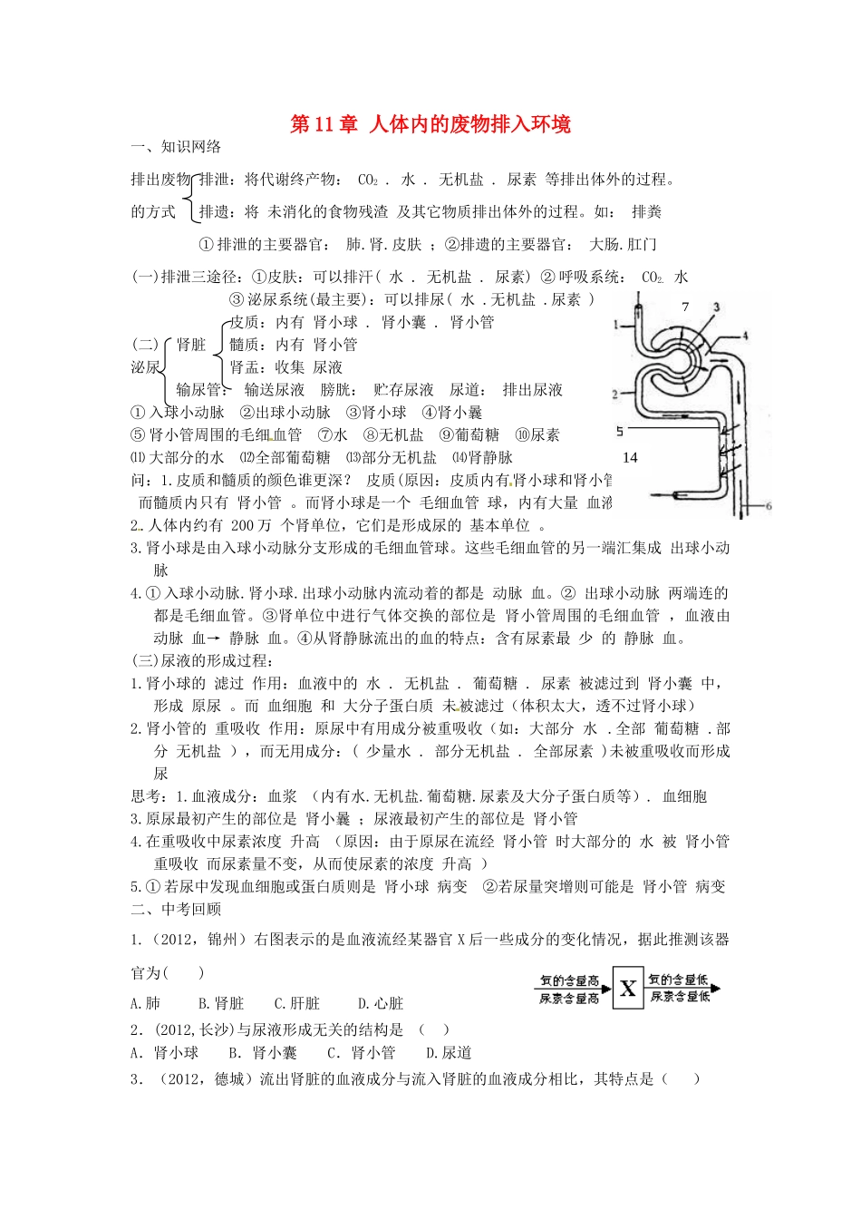 甘肃省张掖市第四中学七年级生物下册 第11章 人体内的废物排入环境讲学稿（无答案） 苏教版_第1页