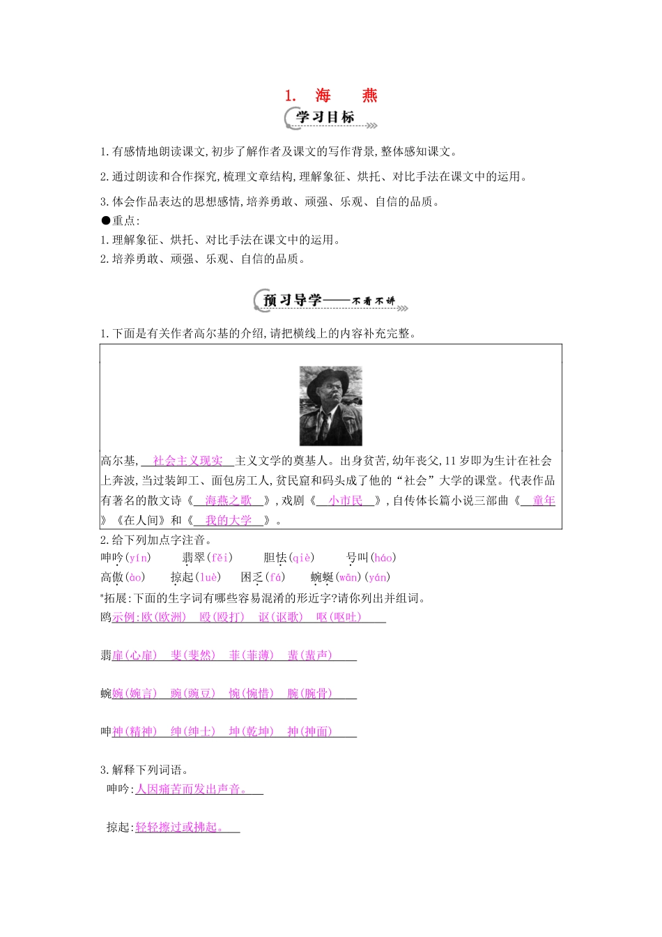 八年级语文下册 第1课 海燕导学案 苏教版-苏教版初中八年级下册语文学案_第1页