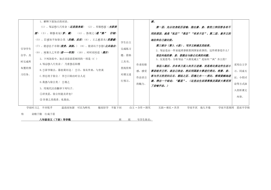 八年级语文下册 20《邹忌讽齐王纳谏》（第2课时）导学稿 （新版）语文版-（新版）语文版初中八年级下册语文学案_第2页