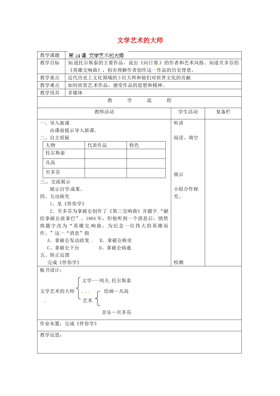 江苏省连云港市岗埠中学九年级历史上册 文学艺术的大师教案 北师大版_第1页