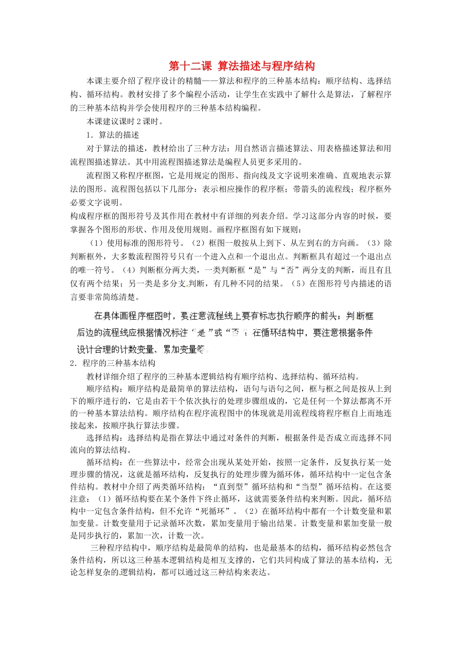 河北省秦皇岛市抚宁县驻操营学区初中信息技术第二册 第十二课 算法描述与程序结构教案 新人教版_第1页