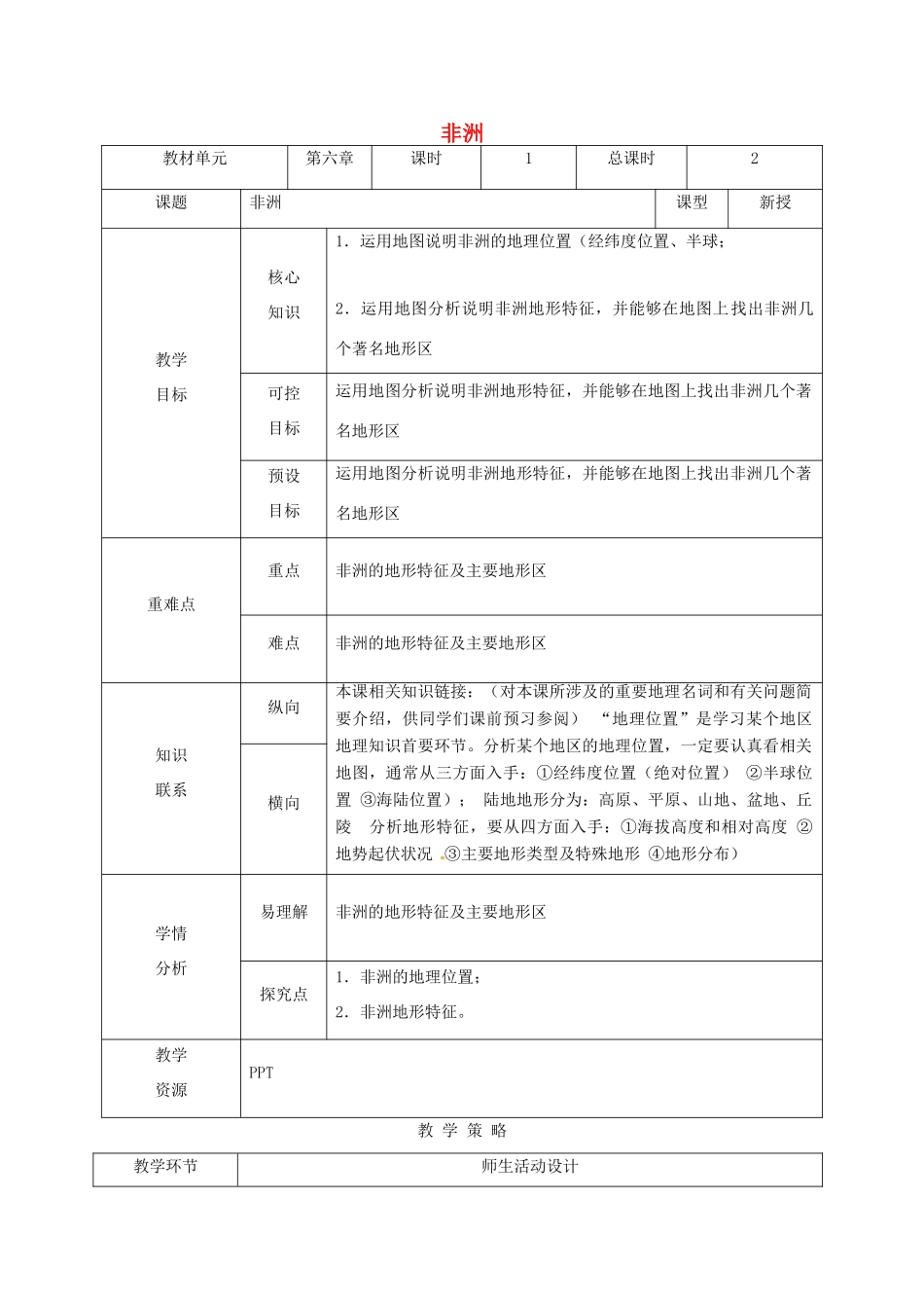 甘肃省临泽县七年级地理下册 第六章 第二节 非洲（第1课时）教学设计 （新版）湘教版-（新版）湘教版初中七年级下册地理教案_第1页